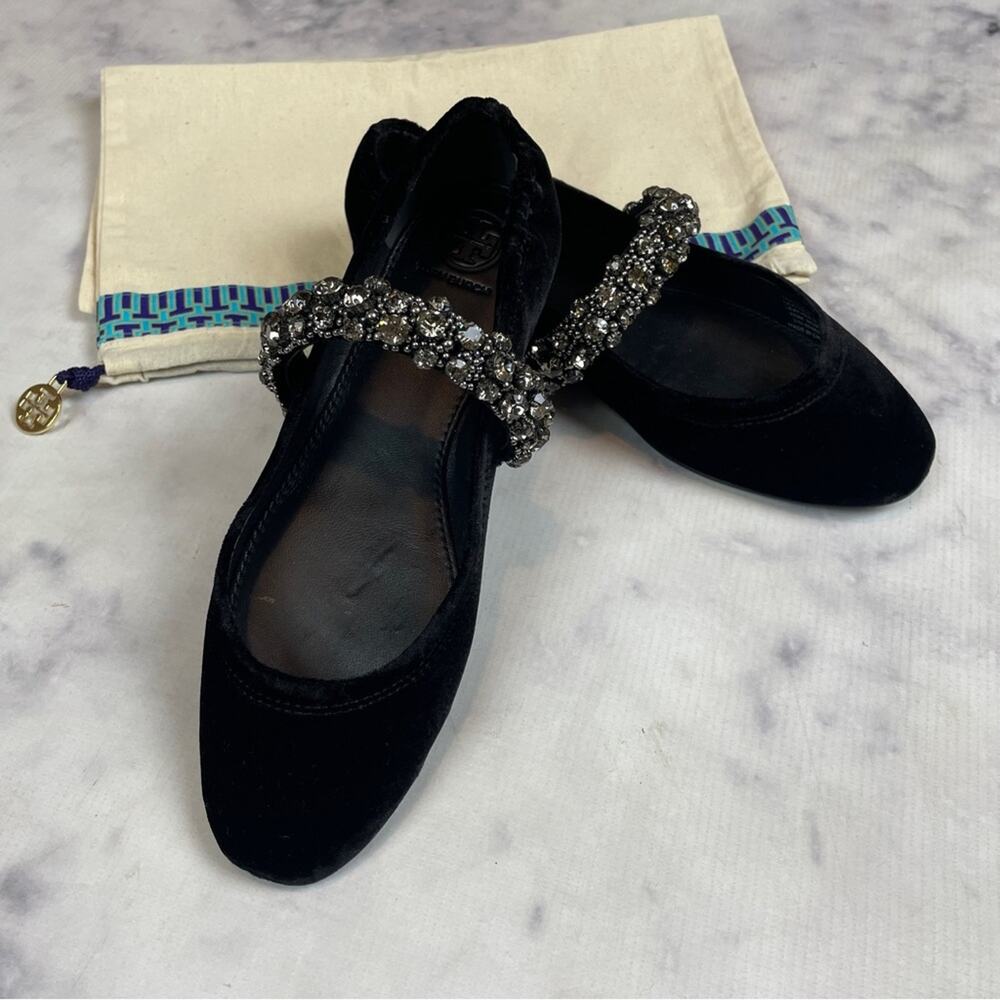 Tory Burch Black Velvet Crystal Strap Mary Jane Flats NWOB Sz 6.5